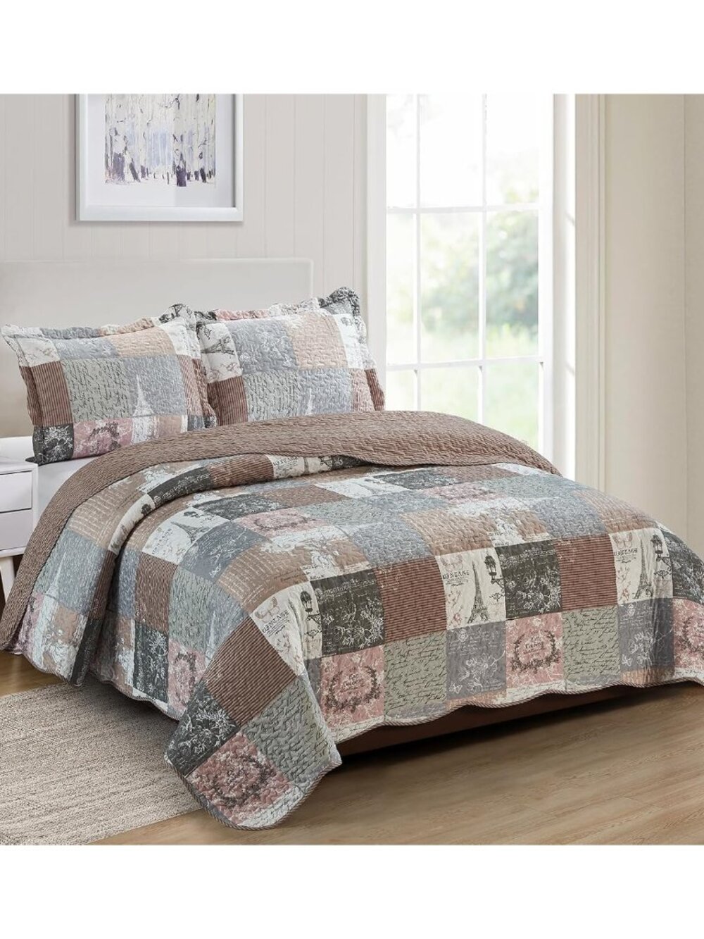 Latte Grey Paris & Toile Floral Quilt Set, Full/Queen